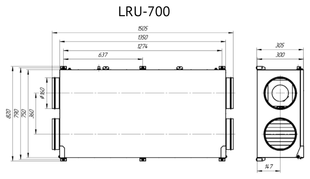 Габаритные размеры LRU-700-PNWN-FP, мм — Приточно-вытяжная установка Supervent LRU-700-PNWN-FP